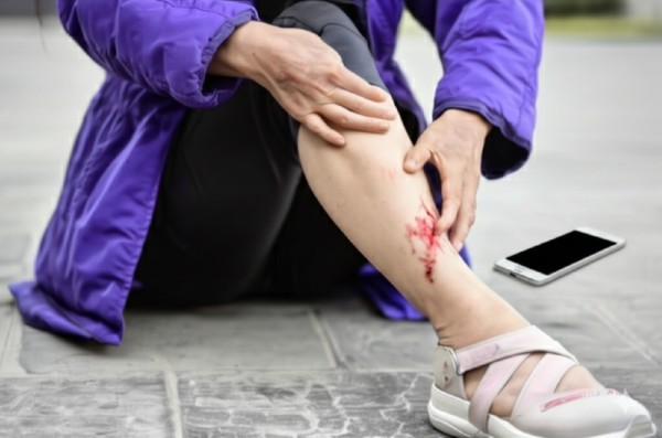 넘어져다리에상처가난여성