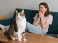 고양이 알레르기 때문에 재채기하는 여성