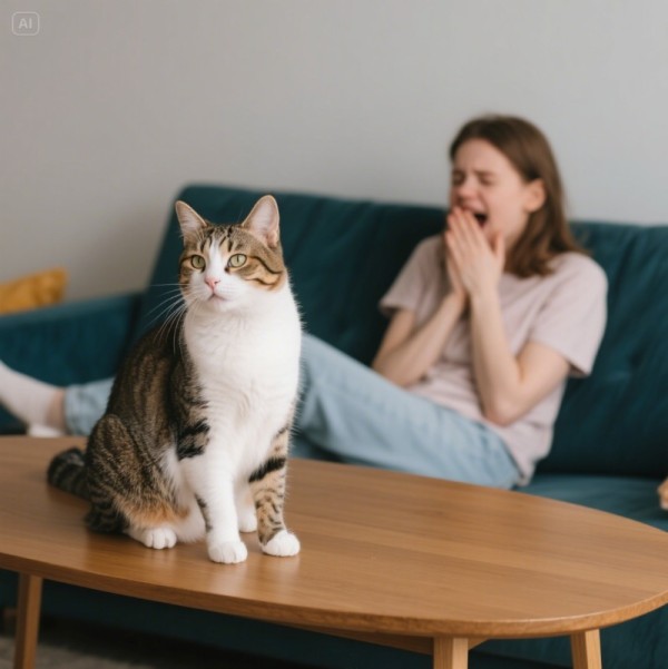 고양이 알레르기 때문에 재채기하는 여성