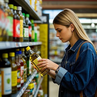 올리브오일을 신중하게 구매하는 여성