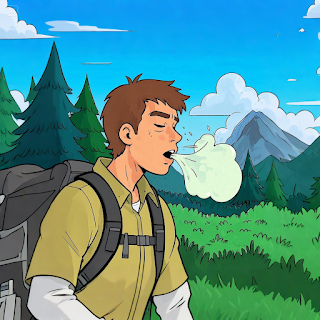 한 남성이 등산하면서 트림하는 이미지 한 남성이 등산하면서 트림하는 이미지