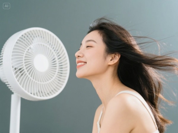 선풍기 앞에 있는 여자 이미지