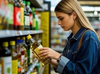 올리브오일을 신중하게 구매하는 여성