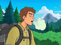 한 남성이 등산하면서 트림하는 이미지