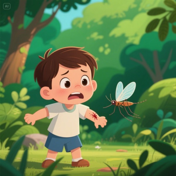 남자아이가 모기에 물려 짜증이 남