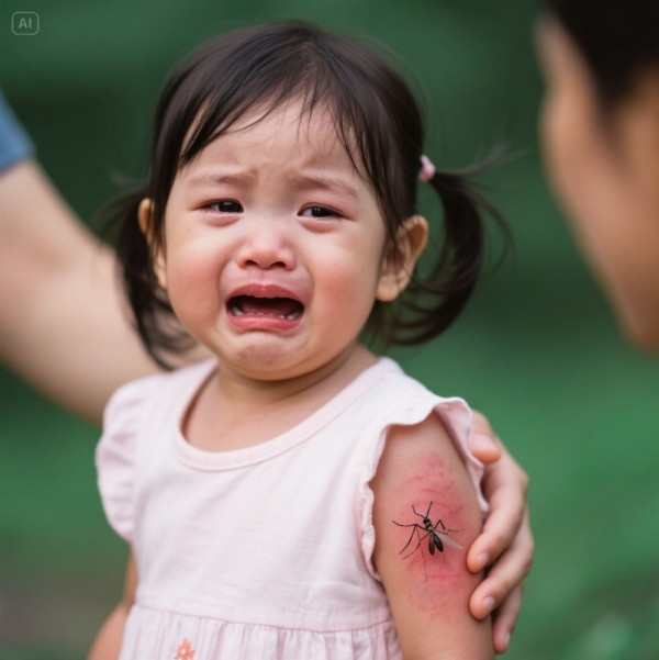 여자 아이가 모기에 물려 심한 발진으로 고통받음