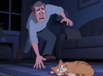 남성이 야맹증 때문에 고양이를 보지 못해 깜짝 놀란 장면