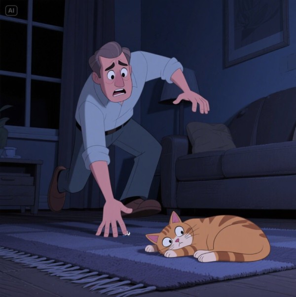 남성이 야맹증 때문에 고양이를 보지 못해 깜짝 놀란 장면