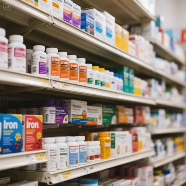 창고형 약국에 진열되어 있는 다양한 종류의 철분제