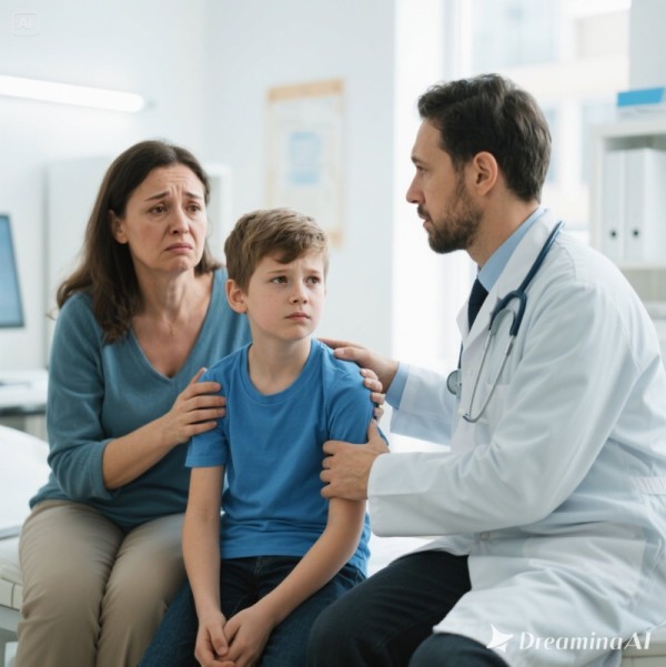 키가 작은 아들때문에 걱정스러운 엄마가 의사와 성장호르몬 주사를 상담받고 있는 중