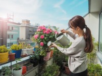 베란다에서 원예활동을 하는 여성