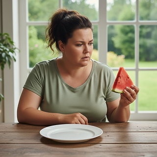 혈당 관리를 하는 여성이 수박을 고민하는 모습
