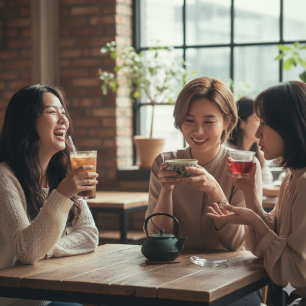 카페에서 당이 없는 음료를 선택해서 즐기는 여성들