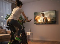 저녁식사 후 tv를 보며 실내자전거를 타는 여성