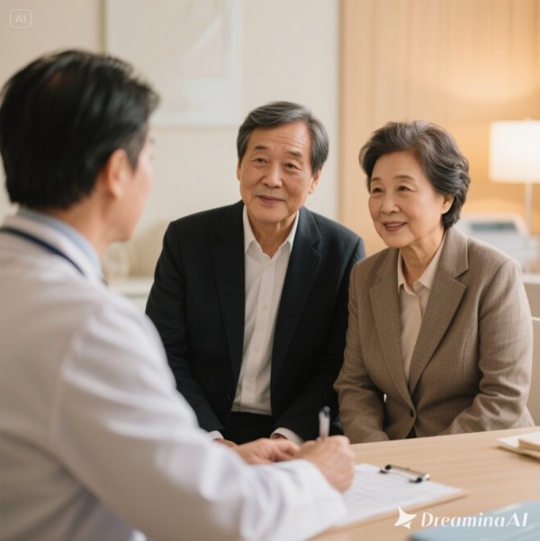 의사와 약물에 대해 상담하는 중년부부