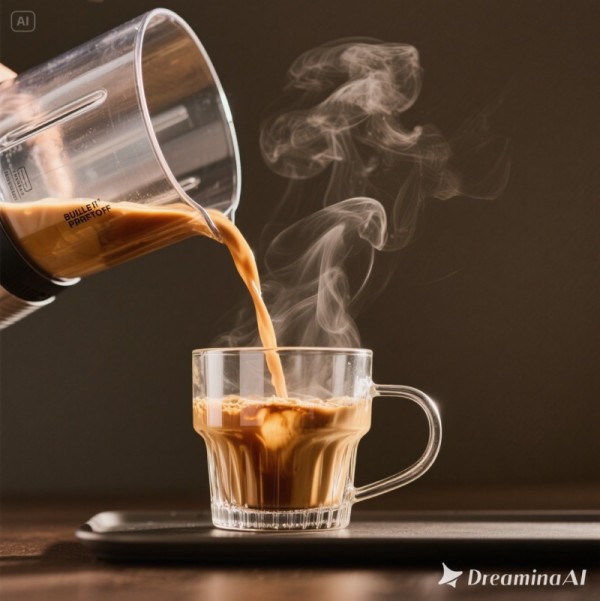 블렌더의 방탄커피를 컵에 따르고 있음