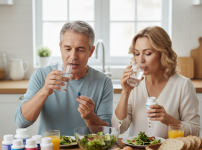 아침식사 중 영양제를 함께 먹는 중년부부