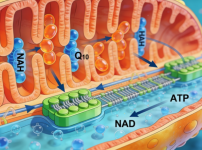 미토콘드리아 안에서 Q10과 NAD 같은 코엔자임이 에너지 생성에 참여하여 에너지를 만들어내는 그림