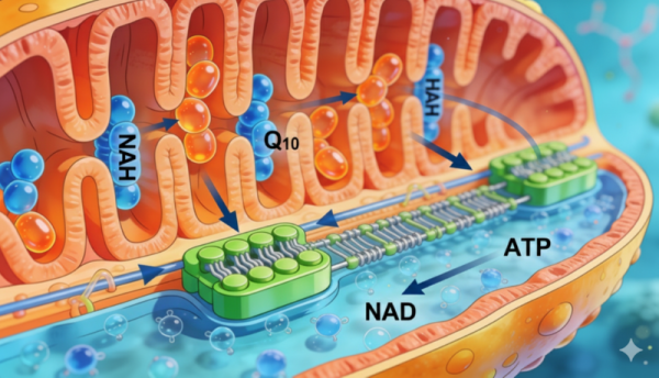 미토콘드리아 안에서 Q10과 NAD 같은 코엔자임이 에너지 생성에 참여하여 에너지를 만들어내는 그림