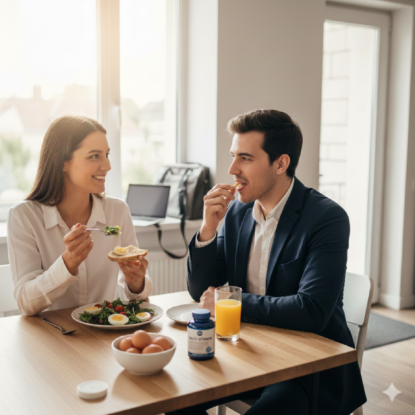 젊은 부부가 출근 전에 간단한 아침식사 직후 종합비타민을 복용