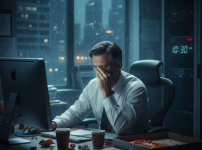 오랜 컴퓨터 작업으로 눈의 피로를 느끼는 남성