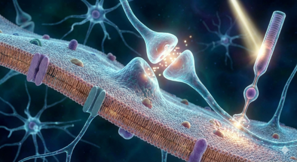 세포막, 신경 시냅스, 광수용체를 상징적으로 연결하는 이미지