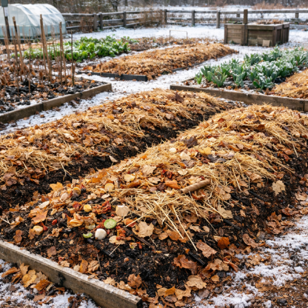 겨울에 멀칭이 되어 있는 텃밭