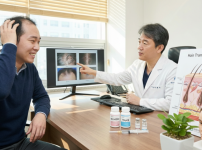 의사와 모발 이식 상담을 하고 있는 남성는