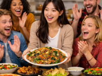 팟럭파티에서 잡채를 가져온 여성을 환호하는 외국인들