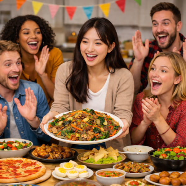 팟럭파티에서 잡채를 가져온 여성을 환호하는 외국인들